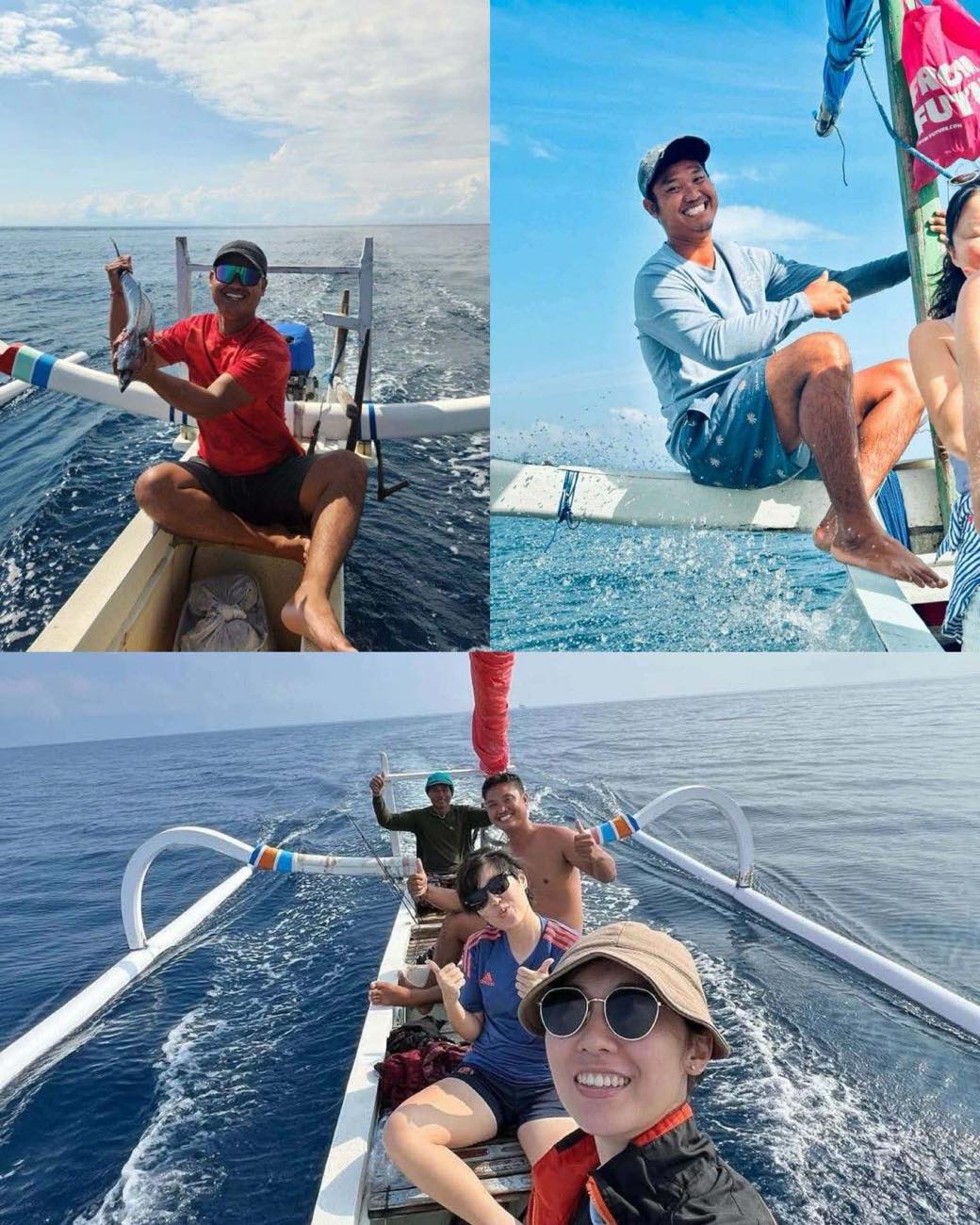Collage of local Amed captains and guests on jukung fishing trips